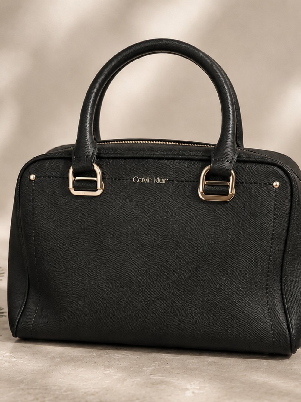 Calvin Klein Black Saffiano Satchel Crossbody Purse Gold Hardware Top Handle